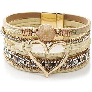 Women Leather Wrap Bracelet Heart Wide Cuff Multilayer Adjustable Wristband